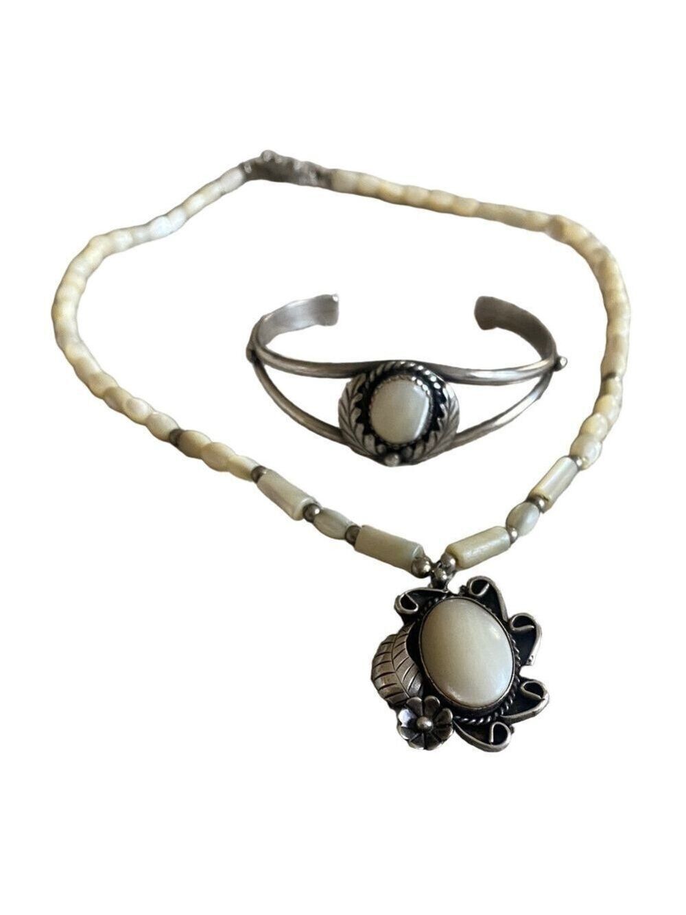 Vintage Sterling Silver Mother of Pearl Necklace & Bracelet Set